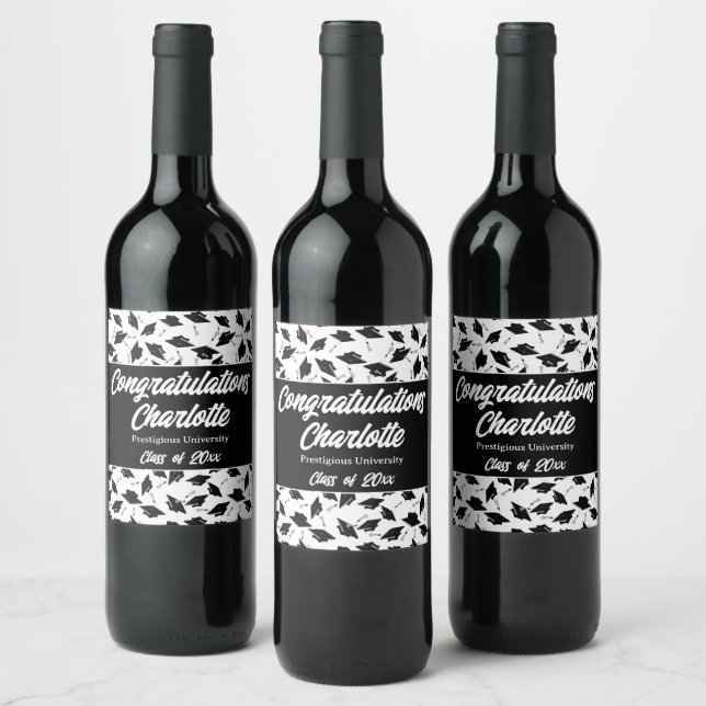 Graduation Black White Caps Party Supplies Wine Label (Bottles)