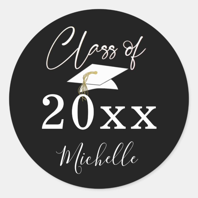 Graduation Black White Script Class Year Name Classic Round Sticker (Front)