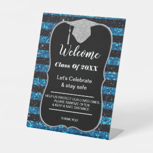 Graduation Blue Black Stripes Party safety Pedestal Sign