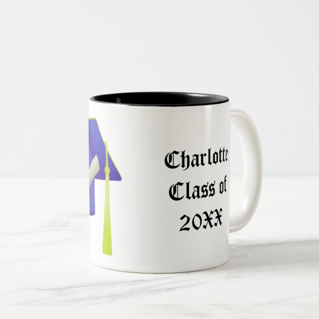 Graduation Blue Cap Class of 20XX Add Name Two-Tone Coffee Mug (Front Right)