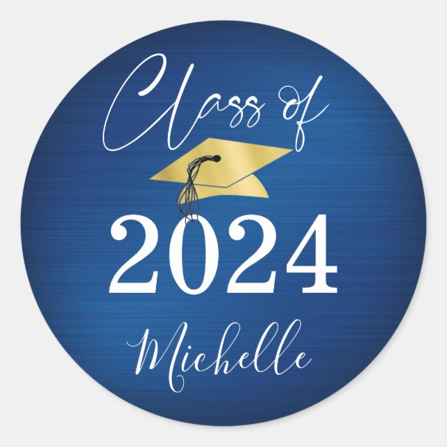 Graduation Blue Gold Cap Script Faux Metallic Classic Round Sticker (Front)