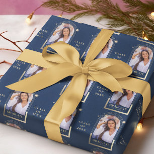 Graduation Blue Gold Sun Moon Stars Grad Photo Wrapping Paper