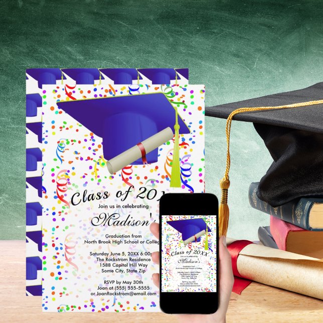 Graduation Blue Grad Cap Diploma Confetti Party Invitation (Graduation Blue Grad Cap Diploma Confetti Party Invitation)