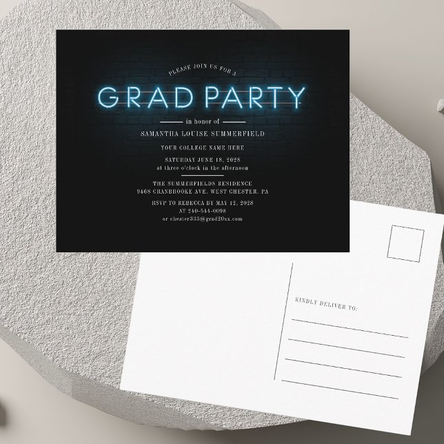 Graduation Blue Neon Grad 2025 Party Invitation Postcard (Graduation Blue Neon Grad 2025 Party Invitation Postcard)