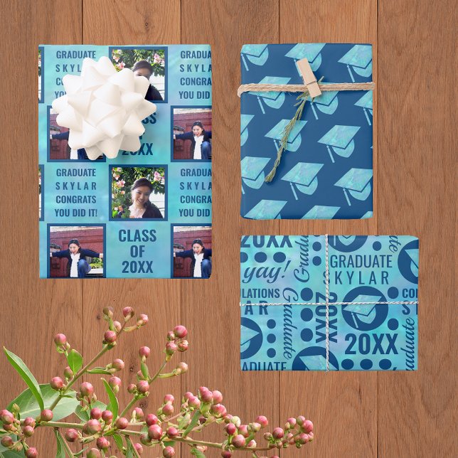 Graduation Blue Opal Trendy Assortment Photo Wrapping Paper Sheet (Creator Uploaded)