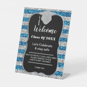 Graduation Blue Silver Stripes Party safety Pedestal Sign