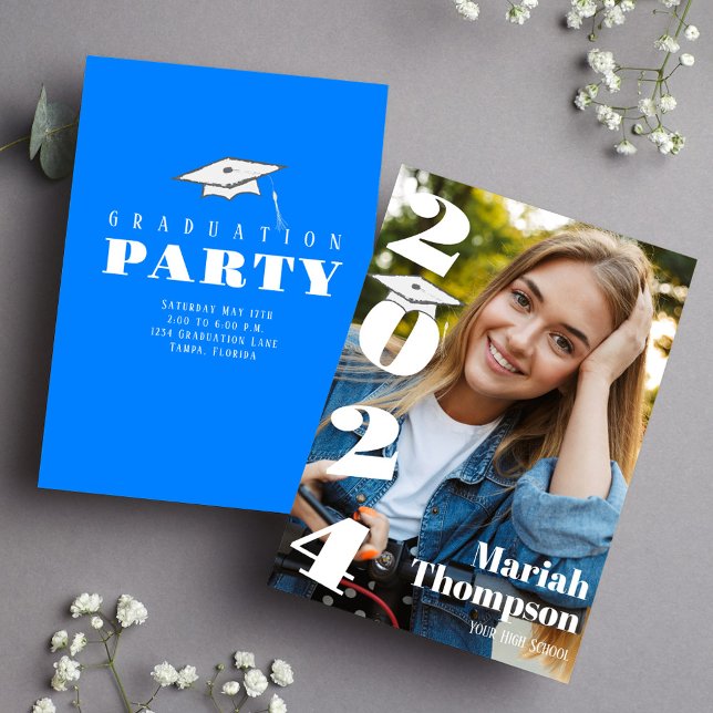Graduation Blue Typography Photo Class Of 2023 Invitation (Graduation photo invitation with bold typography and azure blue school colors. )