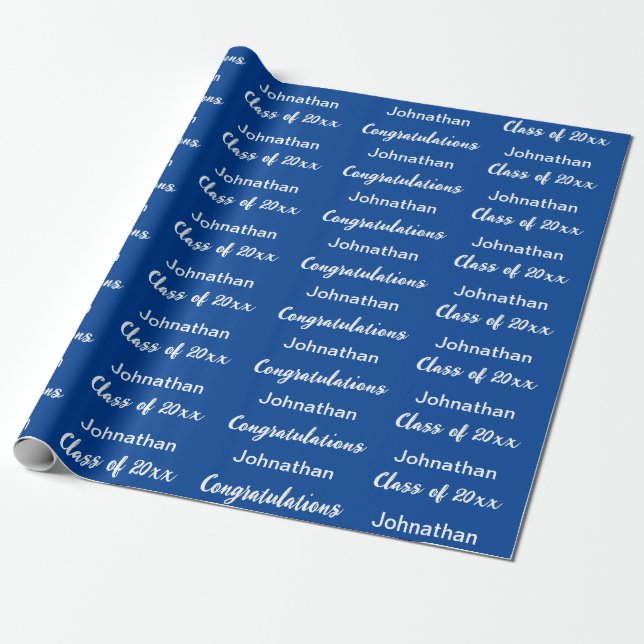 Graduation Blue White Congratulations Grad Name Wrapping Paper (Unrolled)