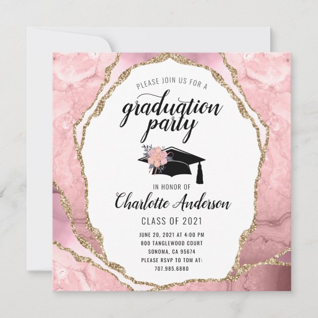 Graduation Blush Pink Agate Gold Glitter  Invitation (Front)