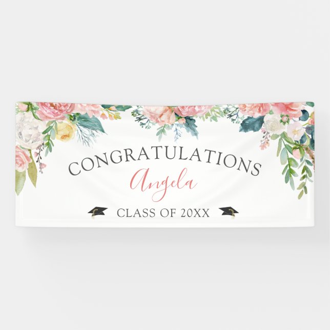 Graduation Blush Pink Floral Script Personalised Banner (Horizontal)