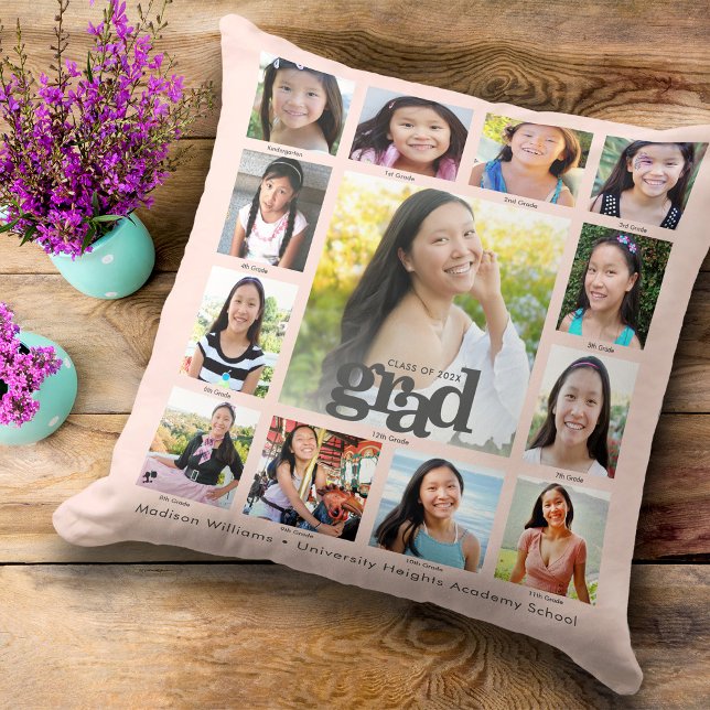 Graduation Blush Pink K–12 Modern Photo Collage Cushion (Creator Uploaded)