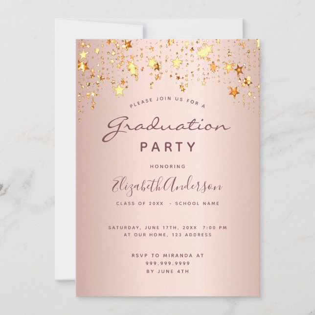 Graduation blush rose gold pink stars 2025 invitation (Front)
