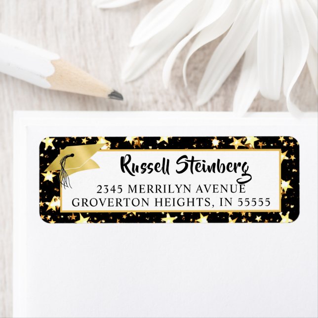 Graduation Brush Script Black Gold Stars Return Address Label (Insitu)