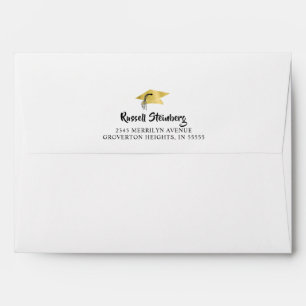 Graduation Brush Script Gold Cap Stars Envelope