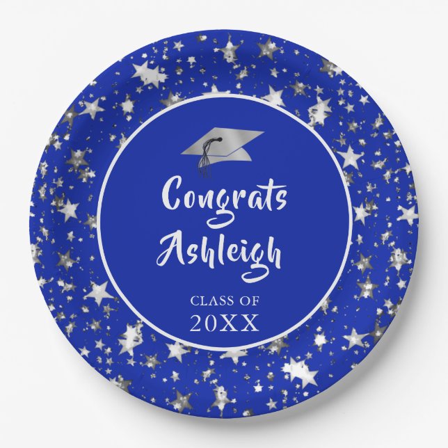 Graduation Brush Script Silver Stars Royal Blue Paper Plate (Front)