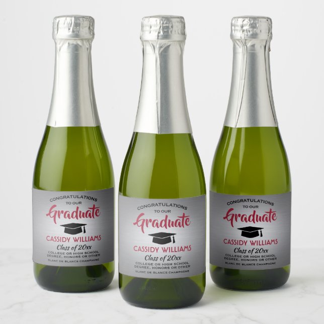 Graduation Brushed Gray Red and Black Mini Split Sparkling Wine Label (Bottles)