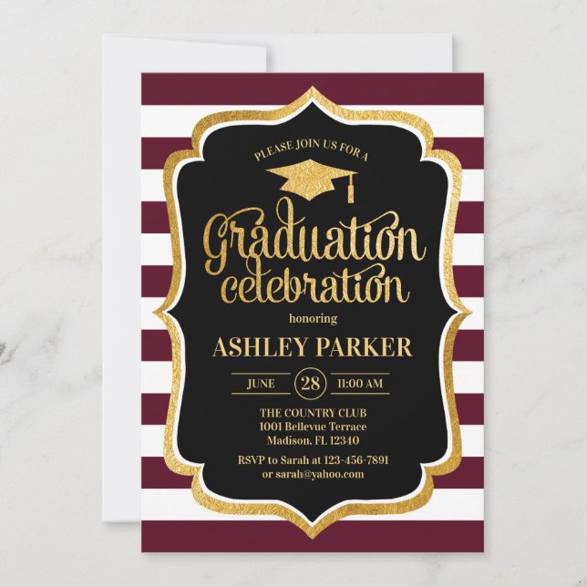 Graduation - Burgundy Gold Black White Invitation (Front)