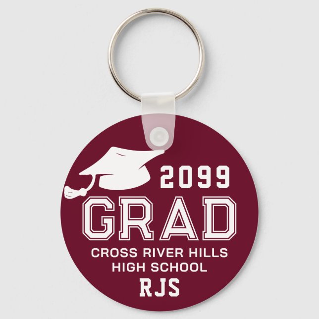 Graduation Burgundy Maroon GRAD Cap Personalised Key Ring (Front)