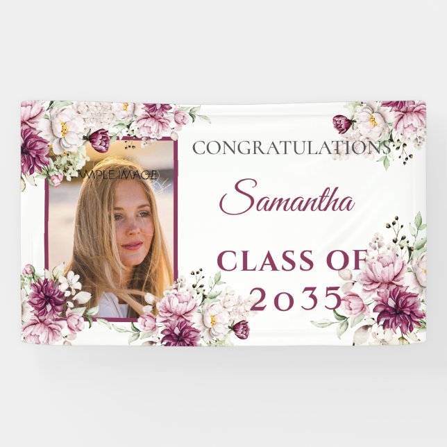 Graduation Burgundy & Pink Flowers  Banner (Horizontal)