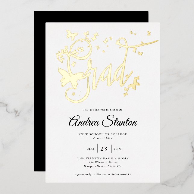 Graduation Butterflies Grad Calligraphy BW Gold (Front/Back)