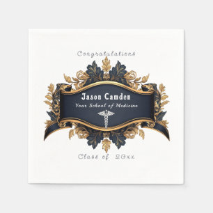 Graduation Caduceus Elegant Black Gold White Napkin