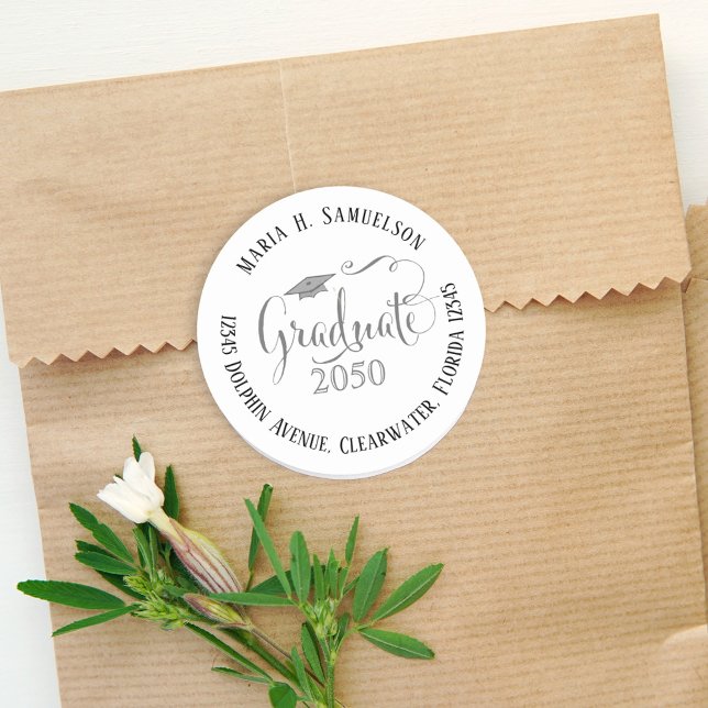 Graduation Calligraphy Script Return Address  Classic Round Sticker (Classic round graduation return address design with elegant calligraphy style. 🎓✨)