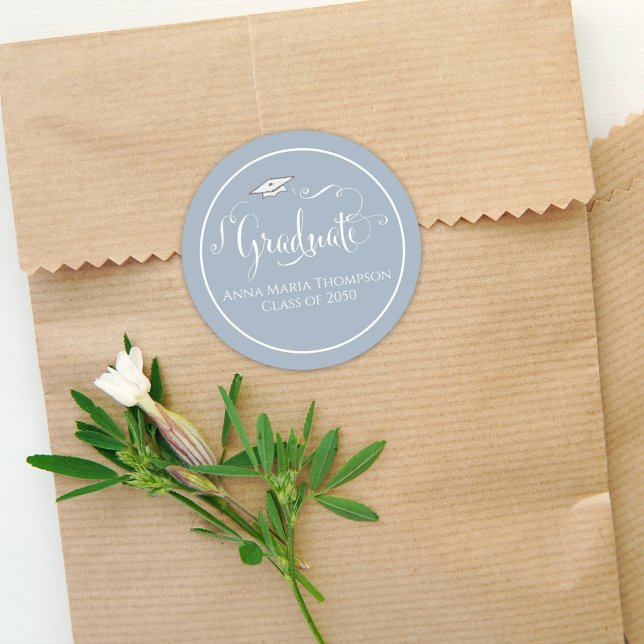 Graduation Calligraphy Script Simple Dusty Blue  Classic Round Sticker (Creator Uploaded)