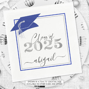 Graduation Cap 2025 Royal Blue Silver Script Napkin