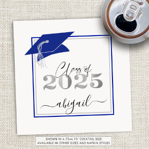 Graduation Cap 2025 Royal Blue Silver Script Napkin