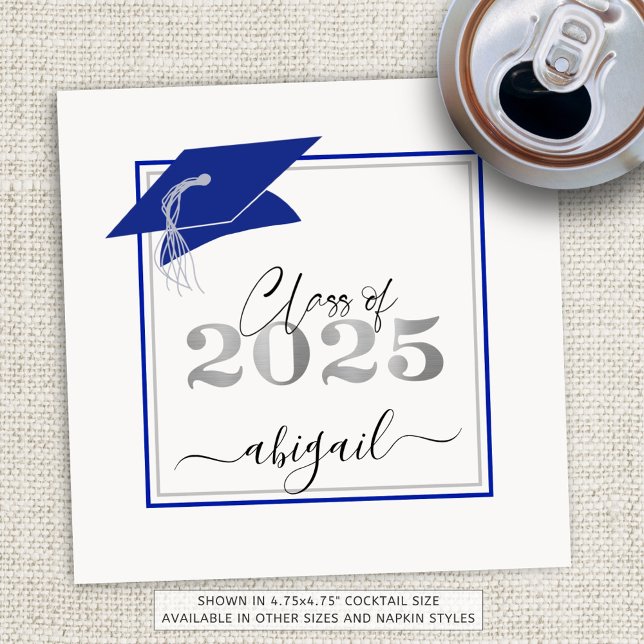 Graduation Cap 2025 Royal Blue Silver Script Napkin (Creator Uploaded)