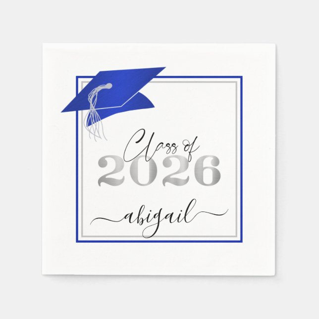 Graduation Cap 2026 Metallic Royal Blue Script Napkin (Front)