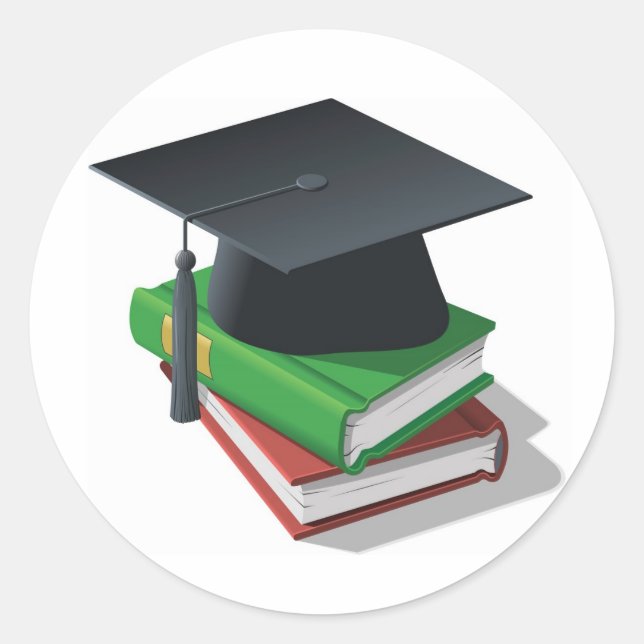 Graduation Cap and books Classic Round Sticker (Front)