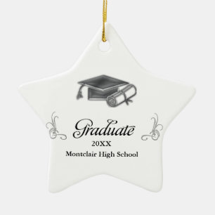 Graduation Cap and Diploma Black & Silver 3D Look Ceramic Ornament