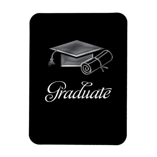 Graduation Cap and Diploma Black & Silver 3D Look Magnet (Vertical)