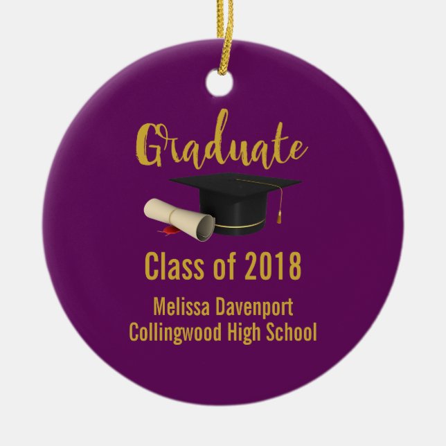 Graduation Cap and Diploma on Purple Class of 20XX Ceramic Ornament (Front)