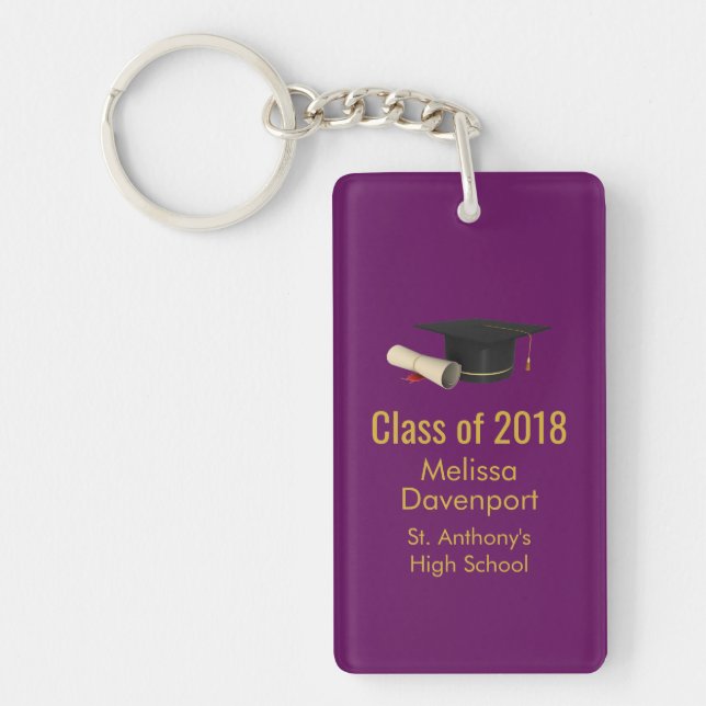 Graduation Cap and Diploma on Purple Class of 20XX Key Ring (Front)