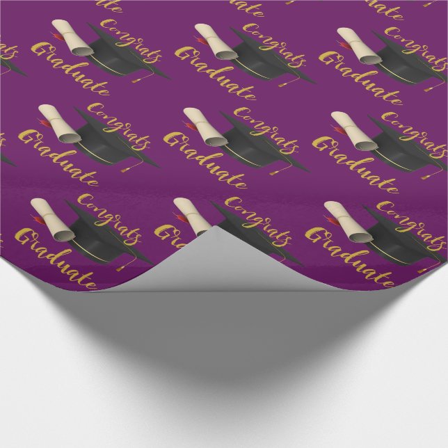 Graduation Cap and Diploma on Purple Congrats Wrapping Paper (Corner)