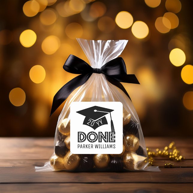 Graduation Cap and Tassel "DONE" Class Year | Name Square Sticker (Black and White Grad Cap "DONE" Graduation Name and Class Year - Use: Favor Square Sticker)