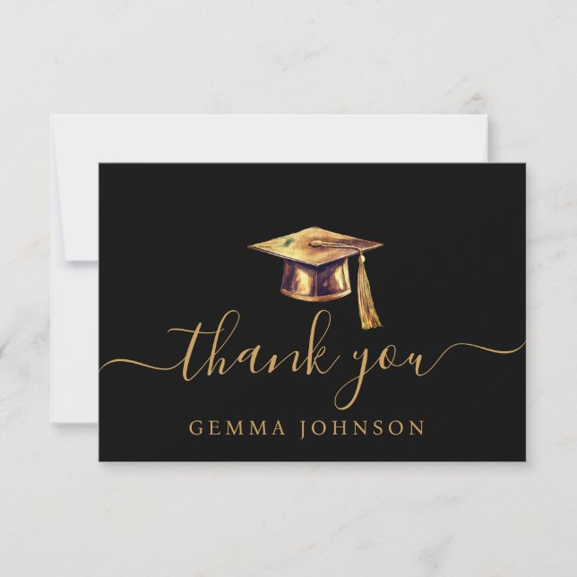 Graduation Cap And Tassel Gold Black Thank You Card (Front)