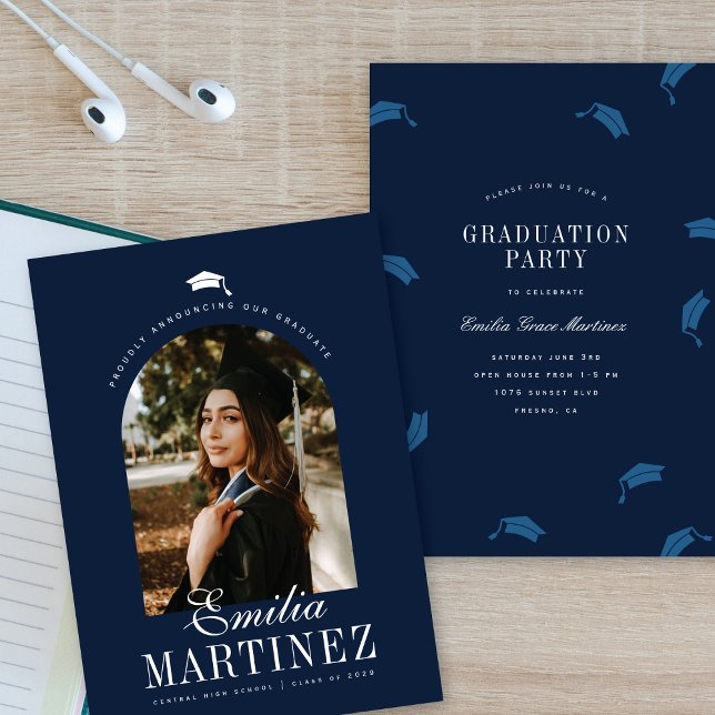 Graduation Cap Arch Photo Elegant Script Navy Grad Announcement (Creator Uploaded)