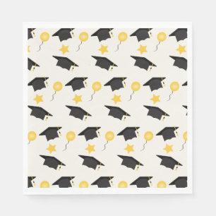 Graduation Cap Balloons Stars Pattern Yellow Black Napkin