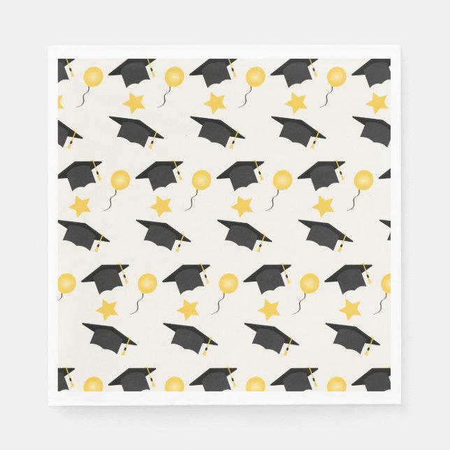 Graduation Cap Balloons Stars Pattern Yellow Black Napkin (Front)