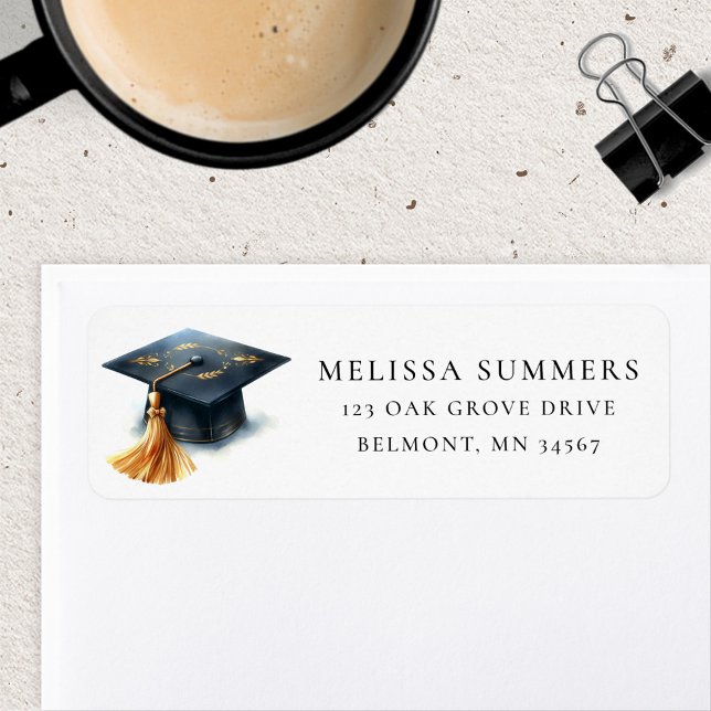 Graduation Cap Black and Gold Return Address Label (Creator Uploaded)