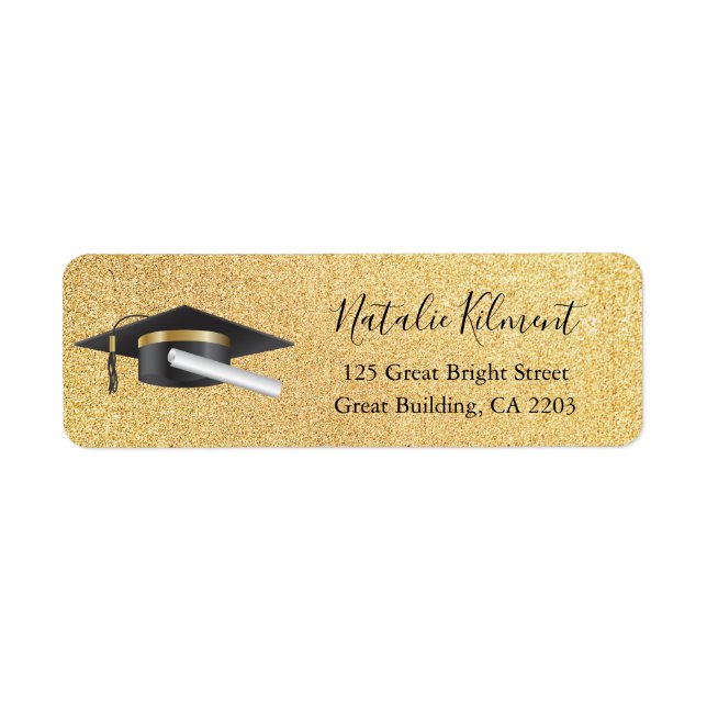 Graduation Cap Black & Gold Script Return Address Label (Front)