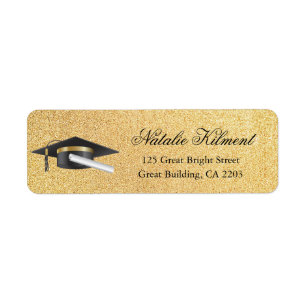 Graduation Cap Black & Gold Script Return Address Label