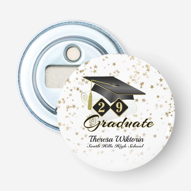 Graduation Cap Black Gold Stars Personalised Bottle Opener (Front)