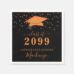 Graduation Cap Black Orange Confetti Script Napkin