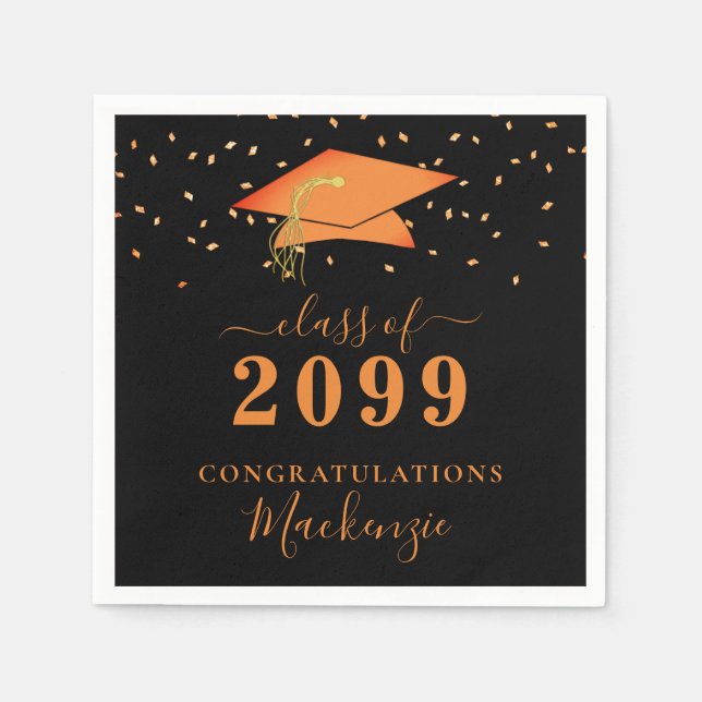 Graduation Cap Black Orange Confetti Script Napkin (Front)
