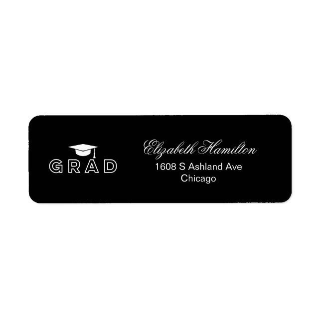 Graduation Cap Black & White Elegant Grad Return Address Label (Front)