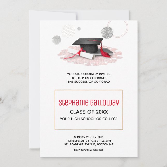 Graduation Cap Black & White Red Glitter Frame  In Invitation (Front)